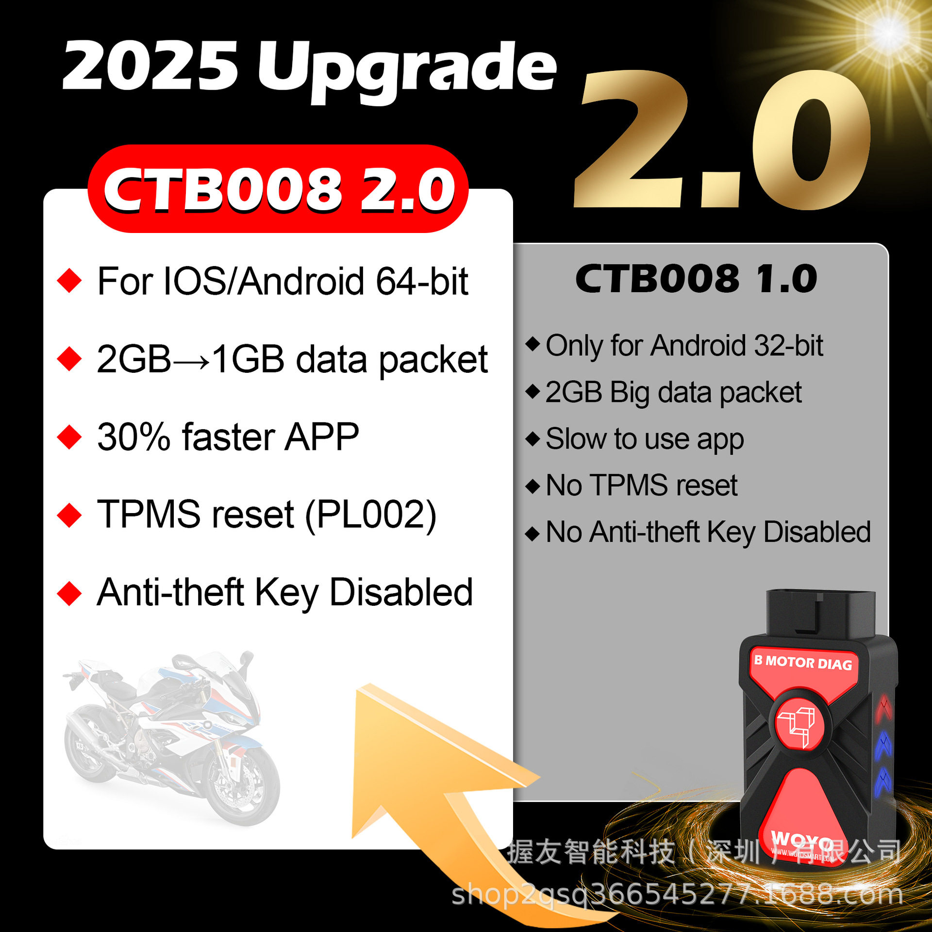 WOYO CTB008PRO宝马摩托车OBD无线诊断仪IOS安卓通用清除读取故障