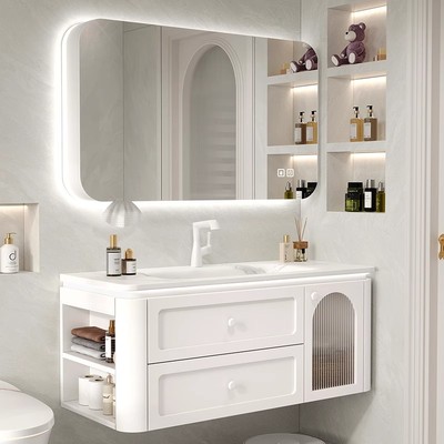 7T法式奶油浴室柜组合岩板热弯一体盆卫生间白色洗手洗脸洗漱台定