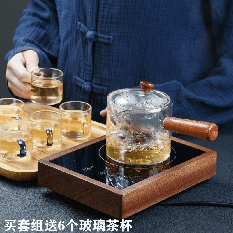 触摸胡桃木电陶炉侧把高硼硅煮茶器家用小型烧水冲茶器茶艺新中式
