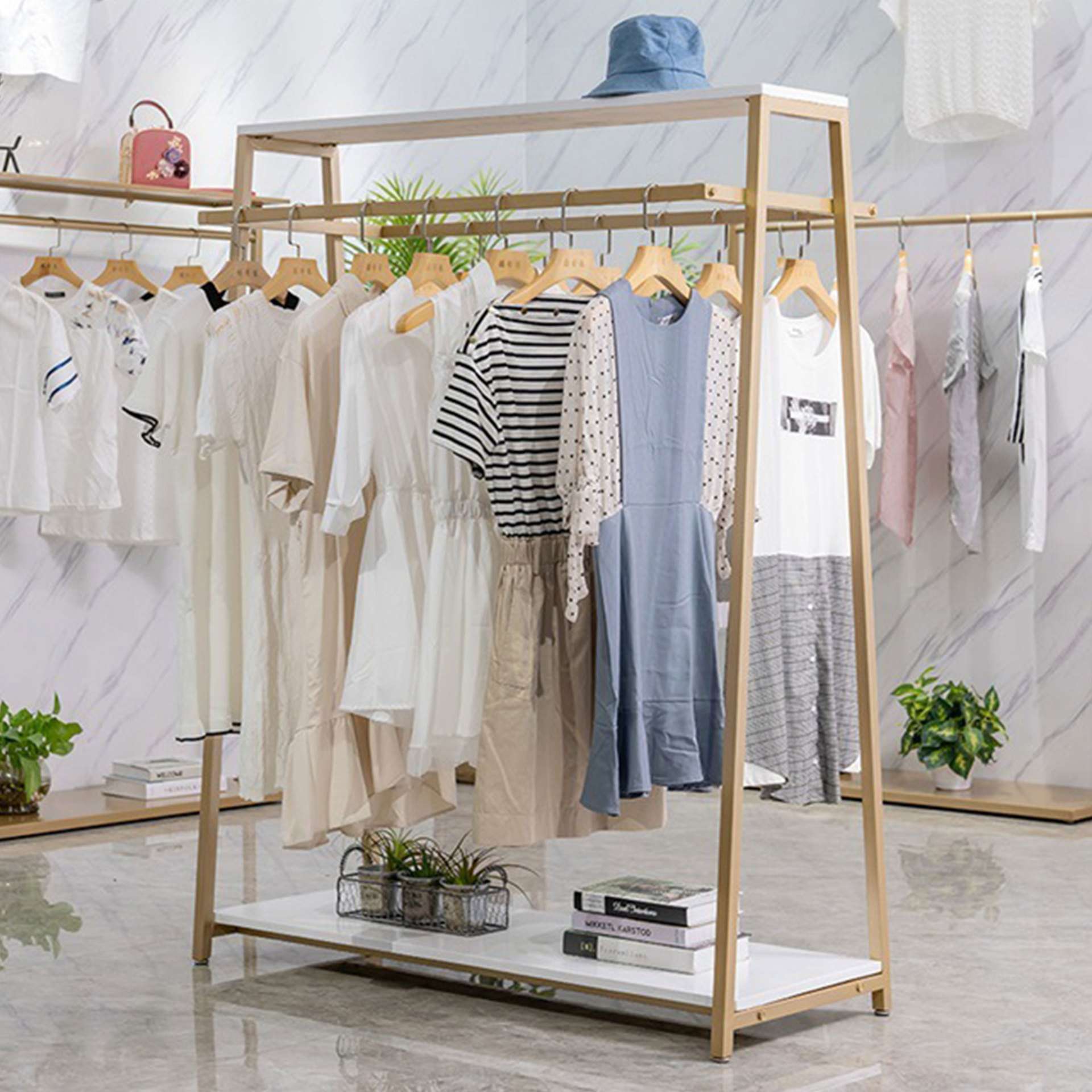 双排中岛服装店展示架 陈列架商场现代简约铁艺落地式挂衣架