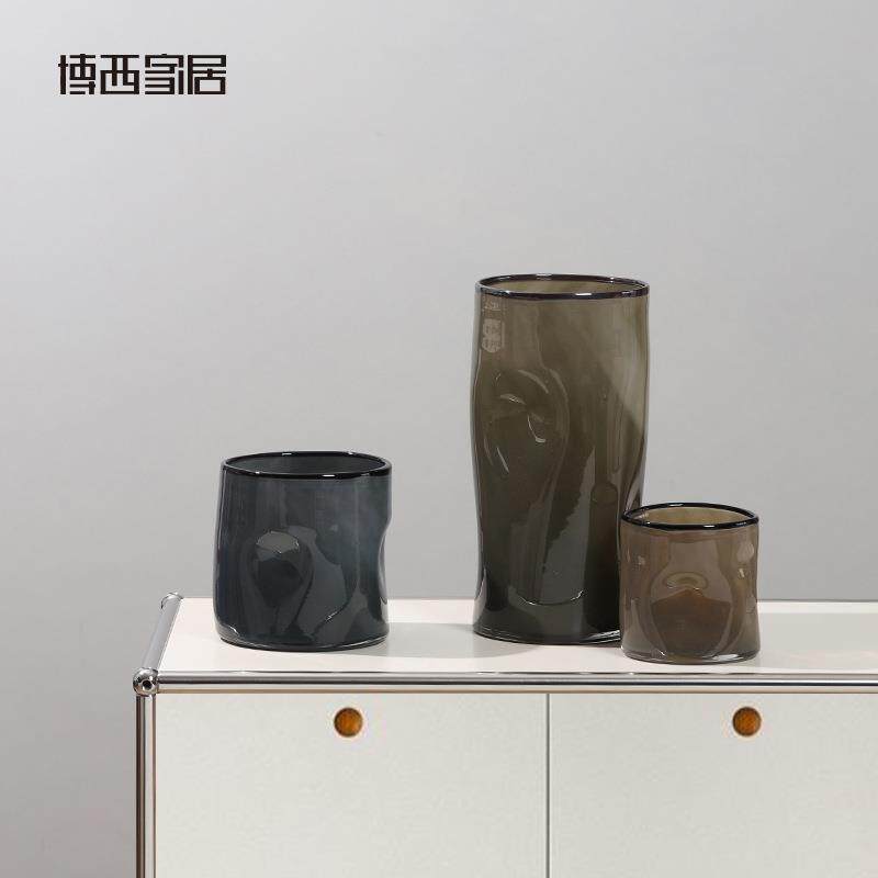 博西家居茶绿色直筒按坑玻璃花瓶现代简约轻奢高级感插干花摆件