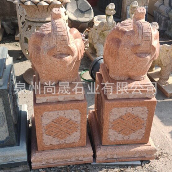 惠安石雕工厂直销天山红花岗岩大理石石雕大象一对庭院门石象摆件