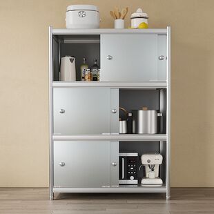 不锈钢置物架带门厨房落地微波炉碗柜架子家用收纳橱柜带背板多层