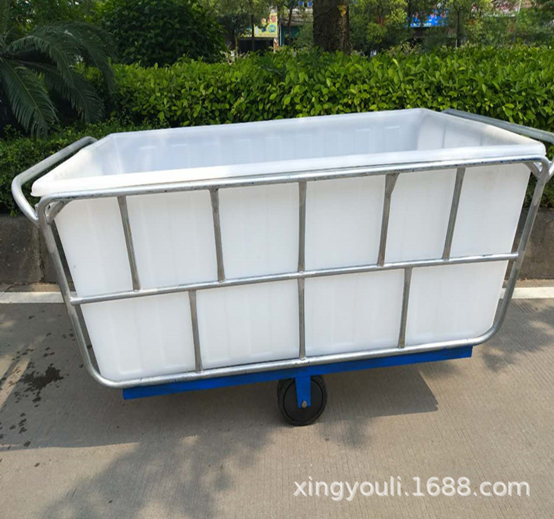 纺织印染厂常用推布车 水洗厂塑胶方桶推车 滚塑水桶