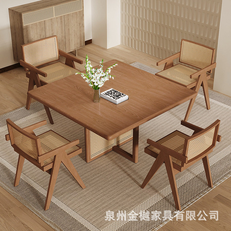 实木藤编四方餐桌椅组合民宿酒店原木吃饭桌客厅泡茶桌麻将桌