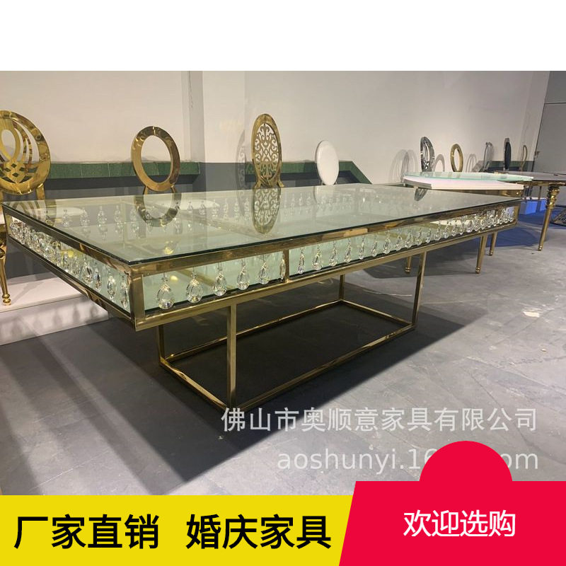 厂家批发 北欧不锈钢框架玻璃宴会餐桌 酒店宴会水晶吊件挂饰方桌