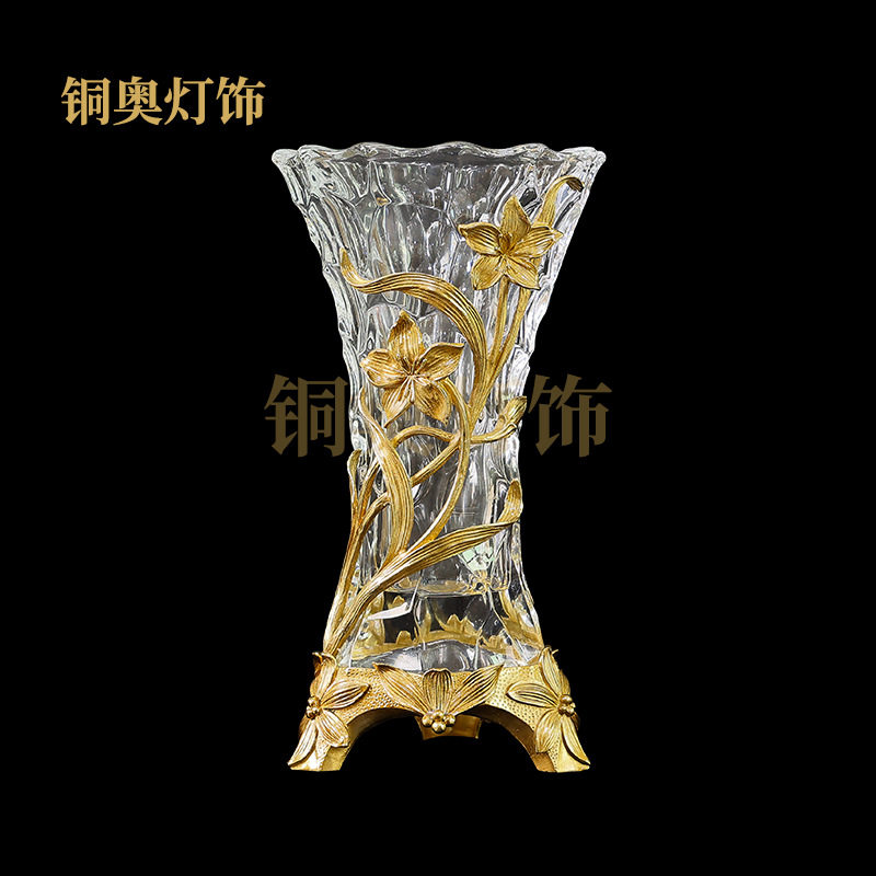 铜奥灯饰法式水晶全铜花瓶 欧式别墅美式高档奢华客厅玄关插花瓶