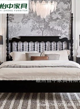 法式复古实木床主卧双人床红橡木卧室温莎床黑色美式简约1.8m双人