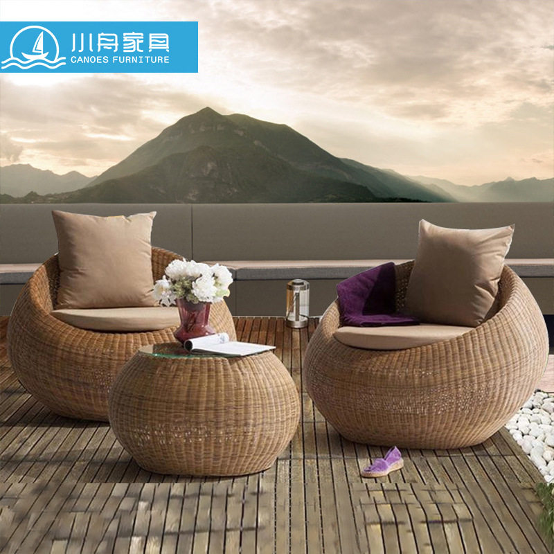 户外沙发庭院露台藤椅三件套茶几圆形花园休闲藤编家具藤沙发组合