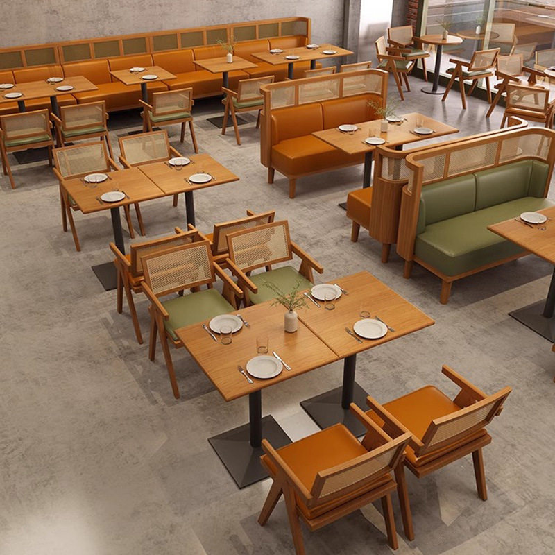 连锁主题餐厅茶楼卡座沙发商用饭店新中式西餐厅实木编藤桌椅组合