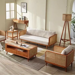 北欧全实木藤编沙发组合家用客厅原木双人三人休闲藤椅民宿新中式
