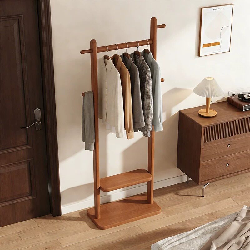 中古风实木挂衣架落地晾衣架卧室衣帽架家用高级感木质衣服置衣架图片