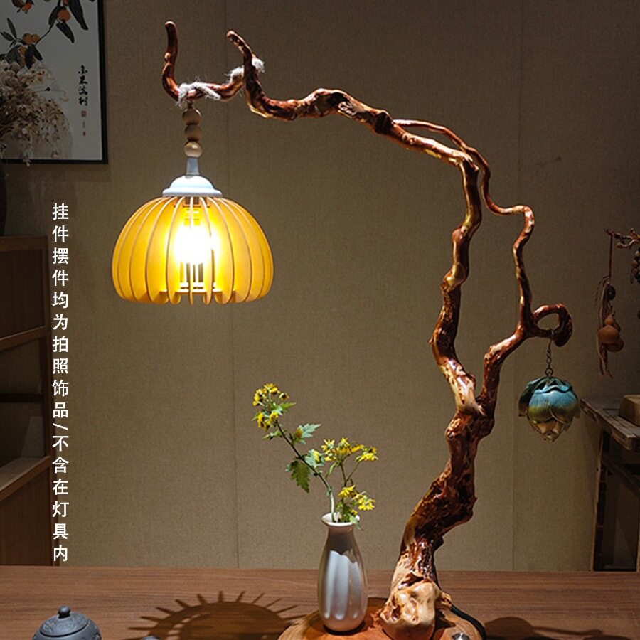 枯木杜鹃根新中式台灯民宿茶室氛围灯树根雕装饰摆件diy手工灯具