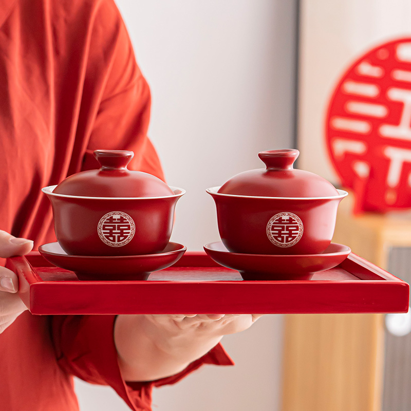 结婚敬茶杯茶具套装改口茶杯盖碗喜碗筷红对碗婚礼用品大全喜杯