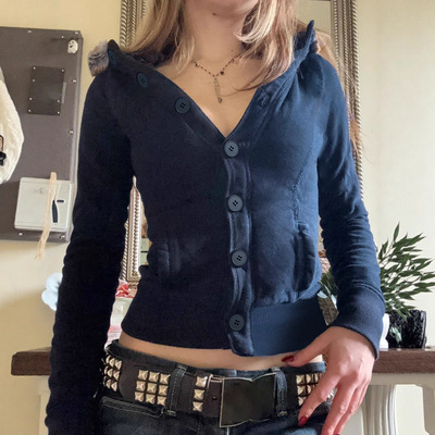 欧美风单排扣毛毛拼接连帽外套2025秋季跨境时尚百搭卫衣新款