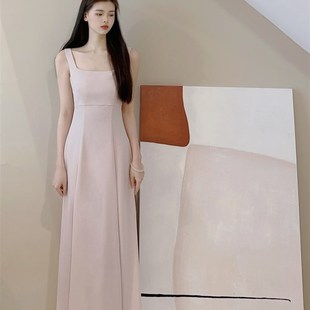 粉色高腰显瘦大s摆方领芭蕾吊带连衣裙女