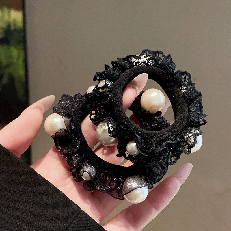 珍珠皮圈黑色蕾丝花边发饰发圈