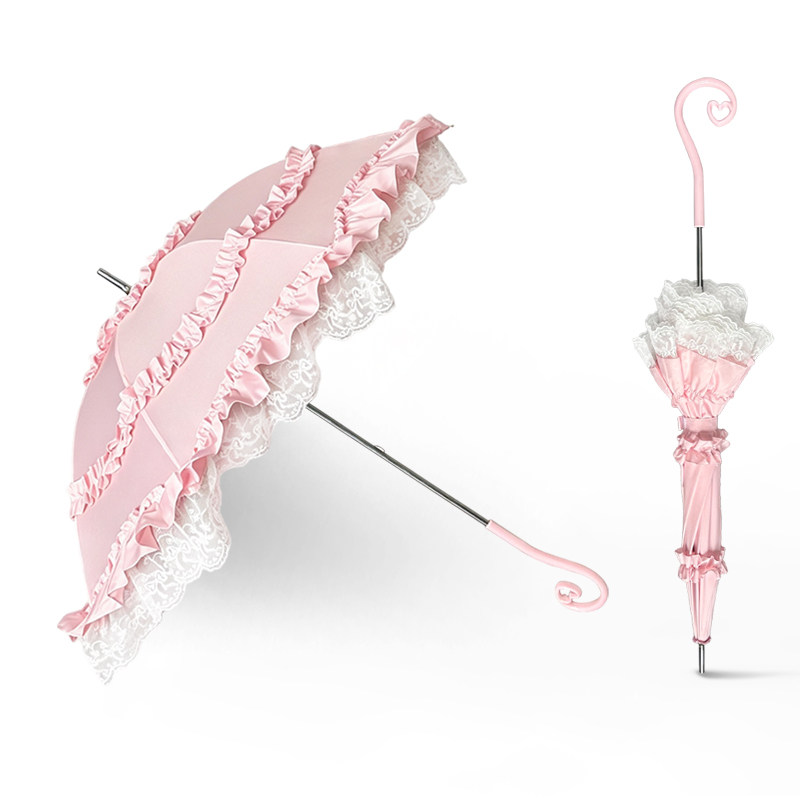 thumbnail for Feilian High-Value Pink Lolita Princess Student Long Pole Umbrella Lace Lace Cosplay Prop Long-Handle Umbrella Girl