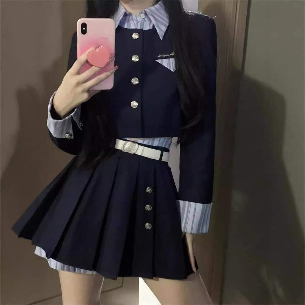 小个子气质藏青学院风假两件上衣秋冬显瘦辣妹黑色小众长袖套装女