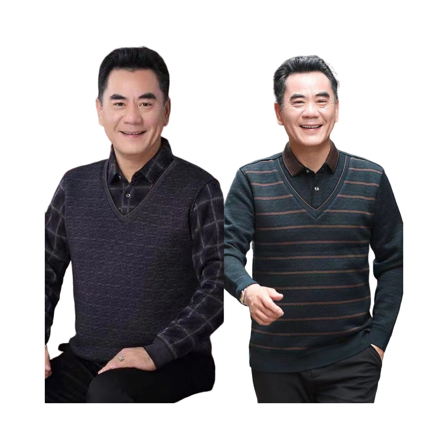中年加绒加厚毛衣男中老年男装假两件体恤衫爸爸冬装针织保暖上衣