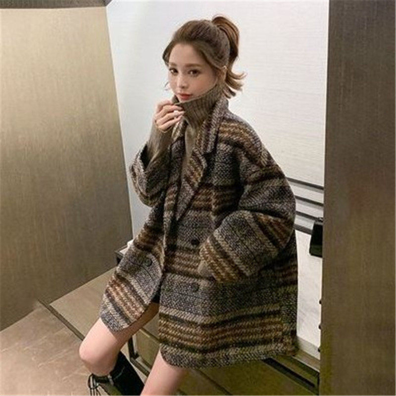 西装外套女秋冬新款宽松小个子格子粗花呢中长款毛呢大衣