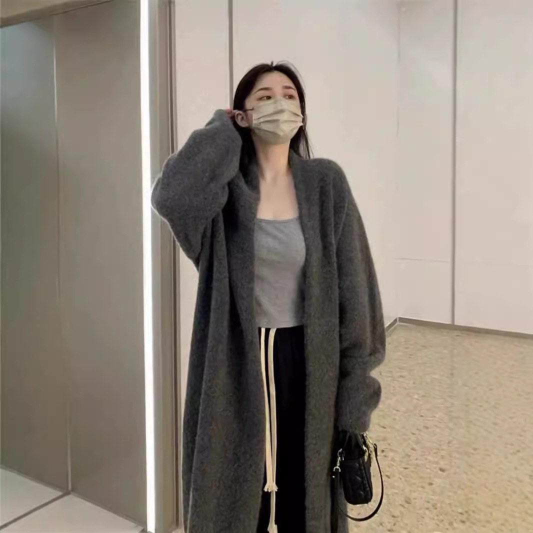 韩系慵懒风百搭灰色中长款过膝毛衣外套女春秋冬季针织衫开衫大衣