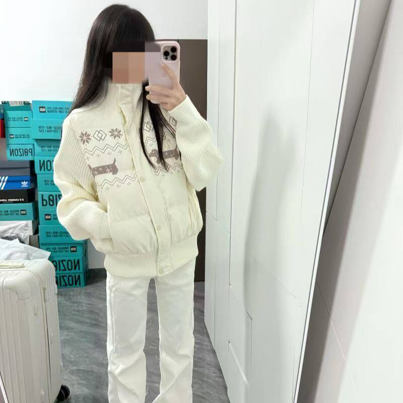 冬季新款学院风减龄小个子腊肠狗印花针织拼接立领抗寒棉衣女生款