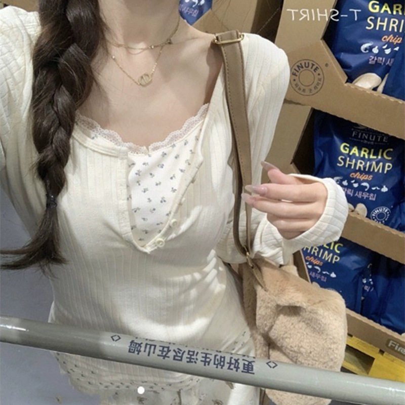 假两件拼接碎花长袖t恤女秋冬新款纯欲修身显瘦内搭打底上衣