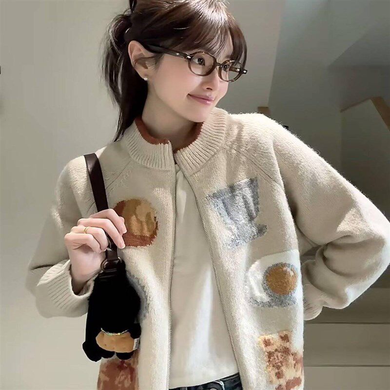 加厚版!慵懒风重工提花拉链毛衣开E衫女春季新款韩版宽松针织外套