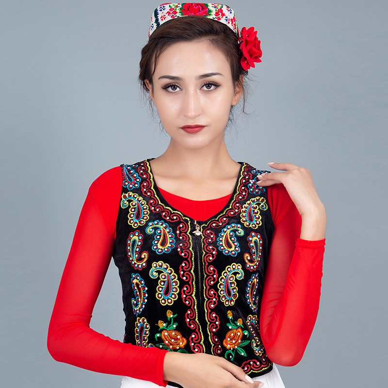 新款新疆舞蹈服女马甲广场t舞演出服舞台演出外穿百搭短款刺绣马