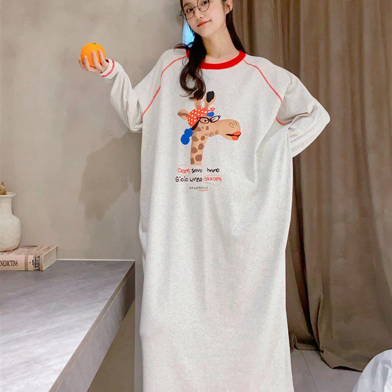 加长睡裙长袖纯棉春秋宽松大码胖MM睡衣女韩版长T颈鹿孕妇睡裙及