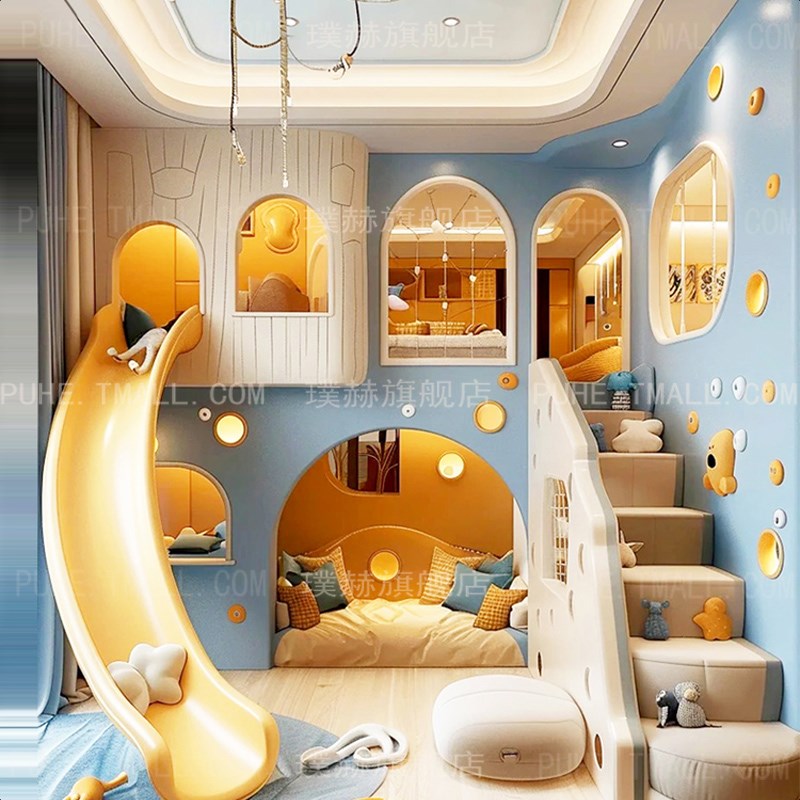 上下铺双层床 豪华城堡床 u 别墅儿童房全屋定制 实木滑梯床游戏