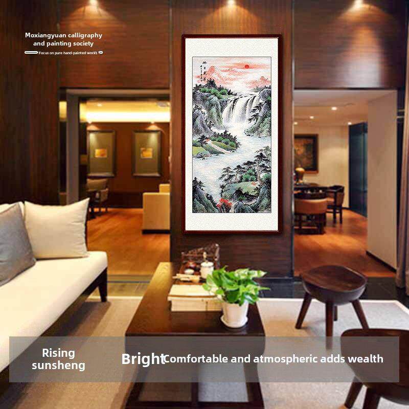 旭日东升纯手绘四尺竖版山水画真迹玄关办公室挂画卷轴装饰画招财