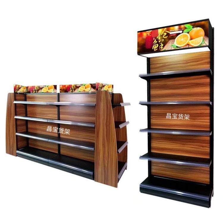 超市钢木货架便利店挂钩展示架木纹食品母婴双面木质货架中山展架
