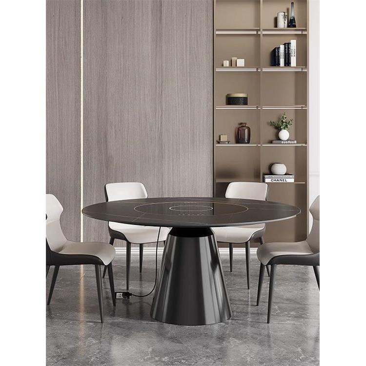 意式岩板餐桌椅组合简约现代小户型电磁炉桌家用轻奢旋转圆形饭桌