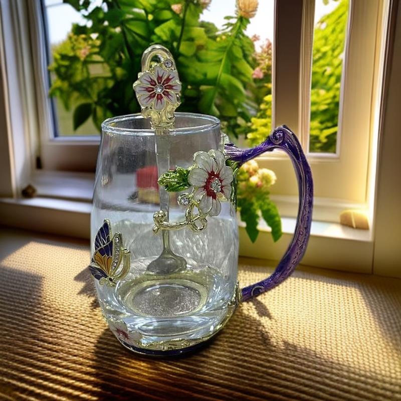 新款紫色掐丝珐琅彩花茶杯咖啡杯早餐杯礼物高颜值轻奢下午茶杯