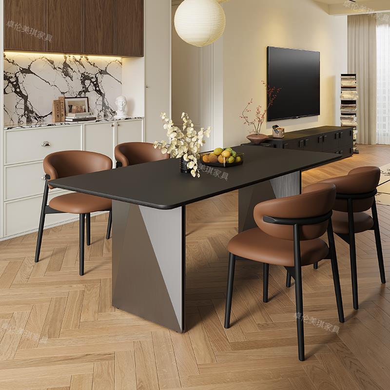 意式极简岩板餐桌椅组合现代轻奢长方形不锈钢设计师家用吃饭桌子