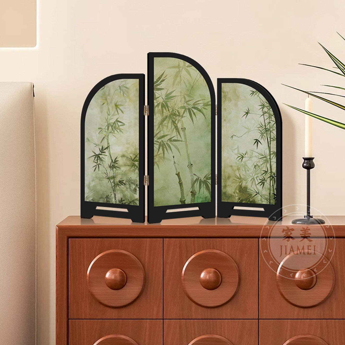 中古风墨竹花鸟小屏风客厅桌面摆件装饰品覆古艺术玄关电视柜摆画