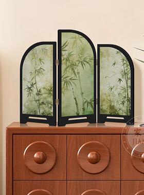 中古风墨竹花鸟小屏风客厅桌面摆件装饰品覆古艺术玄关电视柜摆画