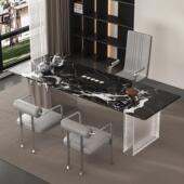 进口天然奢石茶台意式 极简家用客厅高级感别墅黑玫瑰大理石茶桌椅