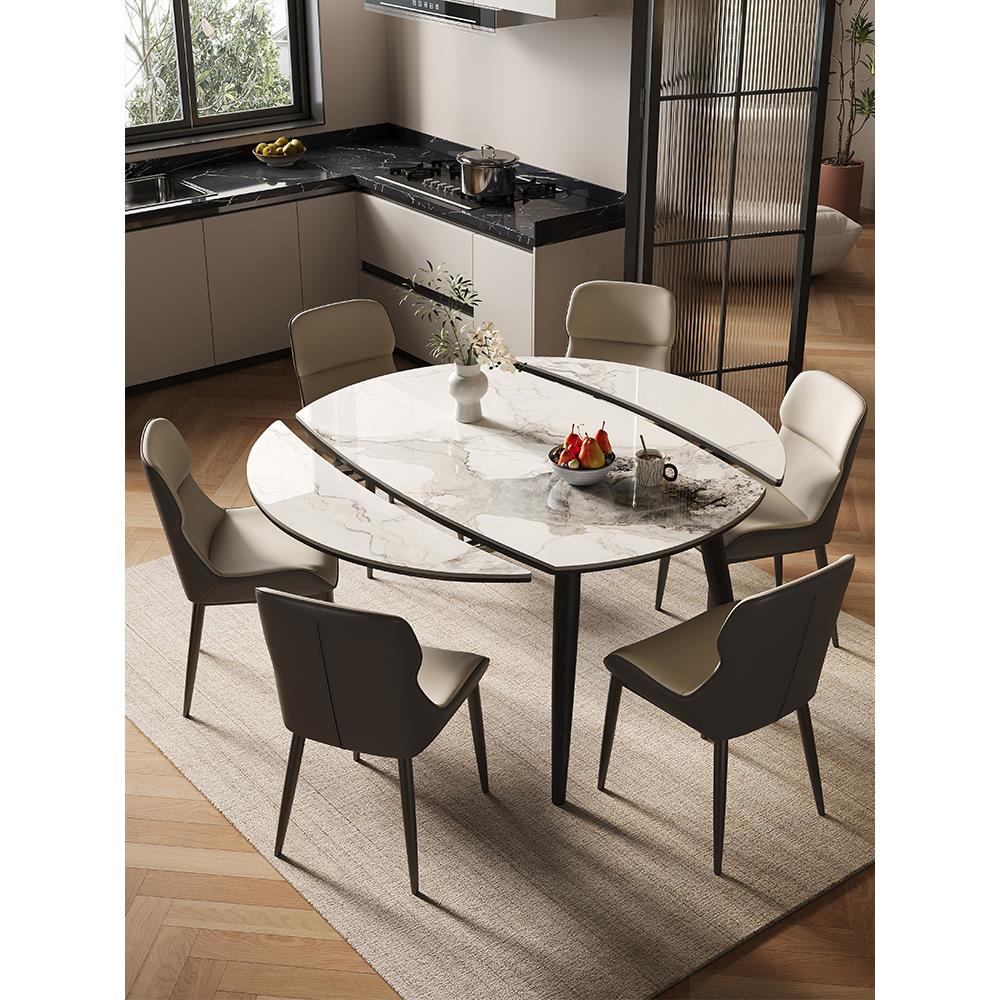 意式岩板餐桌椅组合简约现代家用小户型可伸缩折叠黑色方圆两用