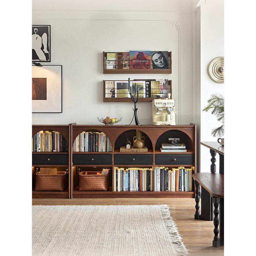 法式覆古风加尔半墙实木客厅落地矮书柜展示柜储物柜一体组合柜