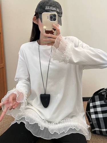 小四专享 AndM高端Studio  白色蕾丝拼接长袖大版宽松上衣