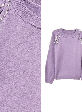 【小四专享】温柔风镂空钉珠圆领外穿宽松蝴蝶结针织打底衫上衣