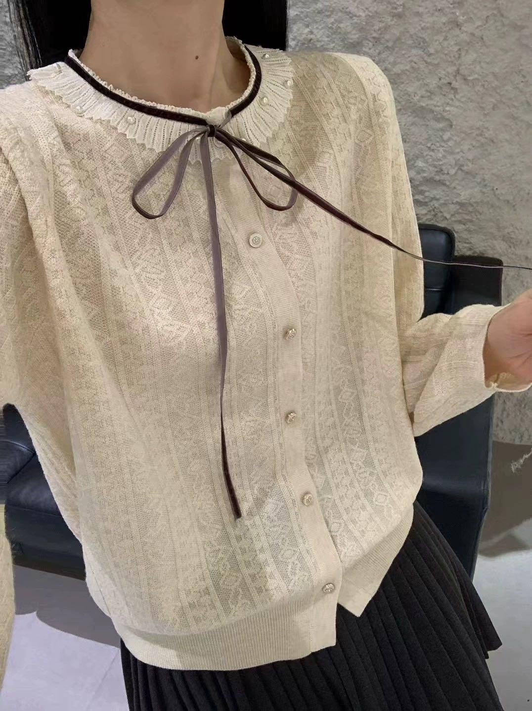 【小田专享】时尚百搭蝴蝶结装饰羊毛针织衫上衣