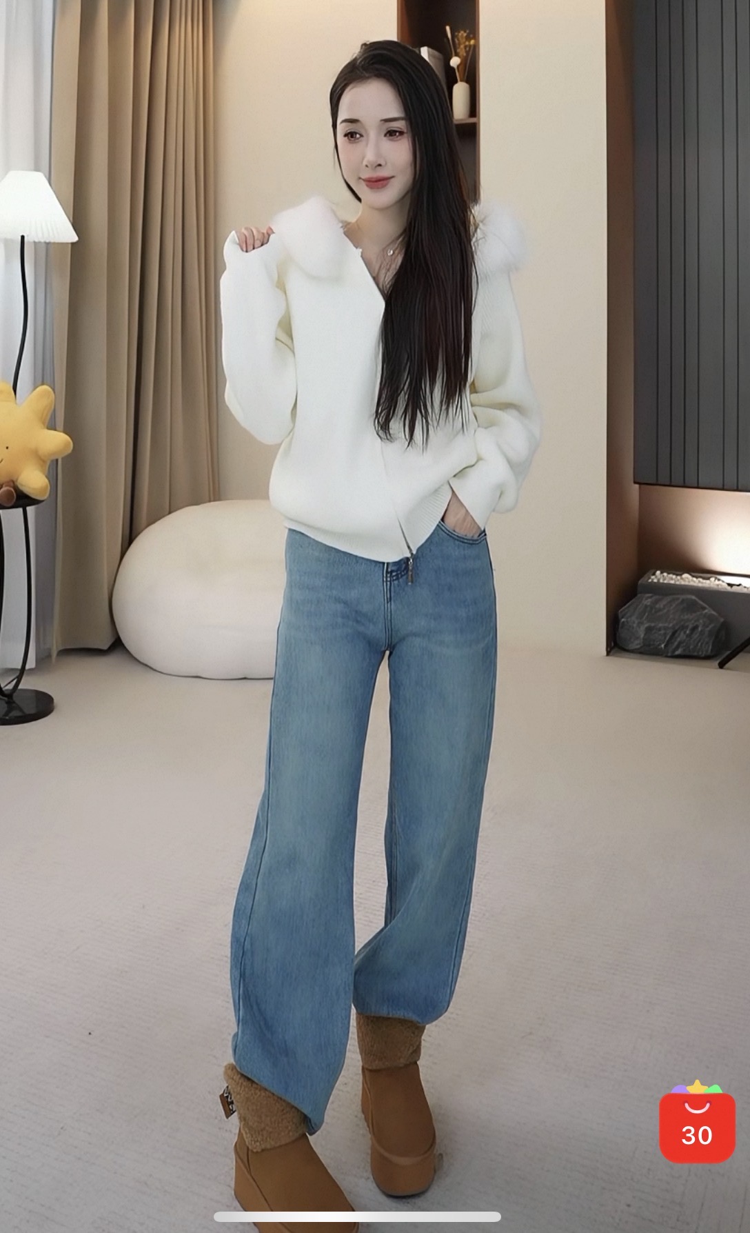 【小四专享】加绒加厚带标阔腿牛仔裤高腰宽松直筒长裤 1663