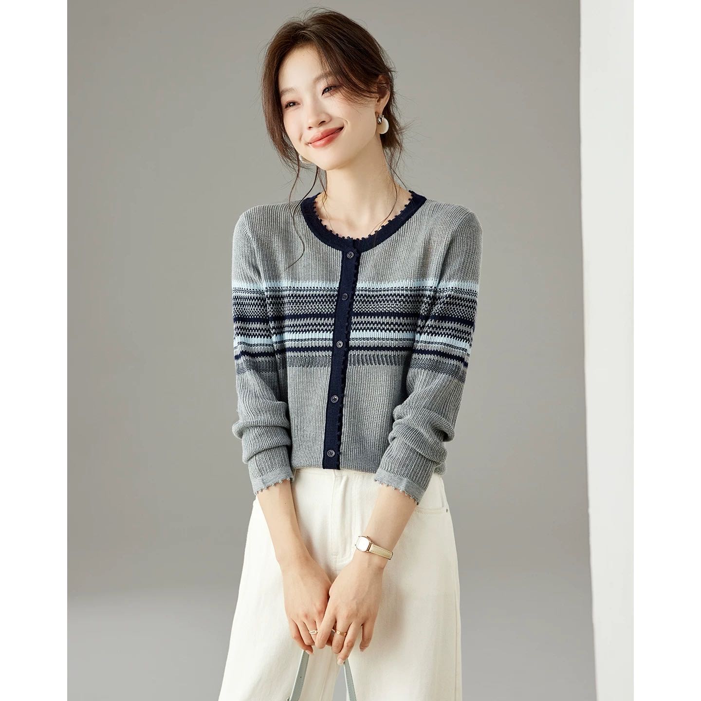 AndM高端Studio 条纹长袖针织衫老钱风毛衣开衫外套1208