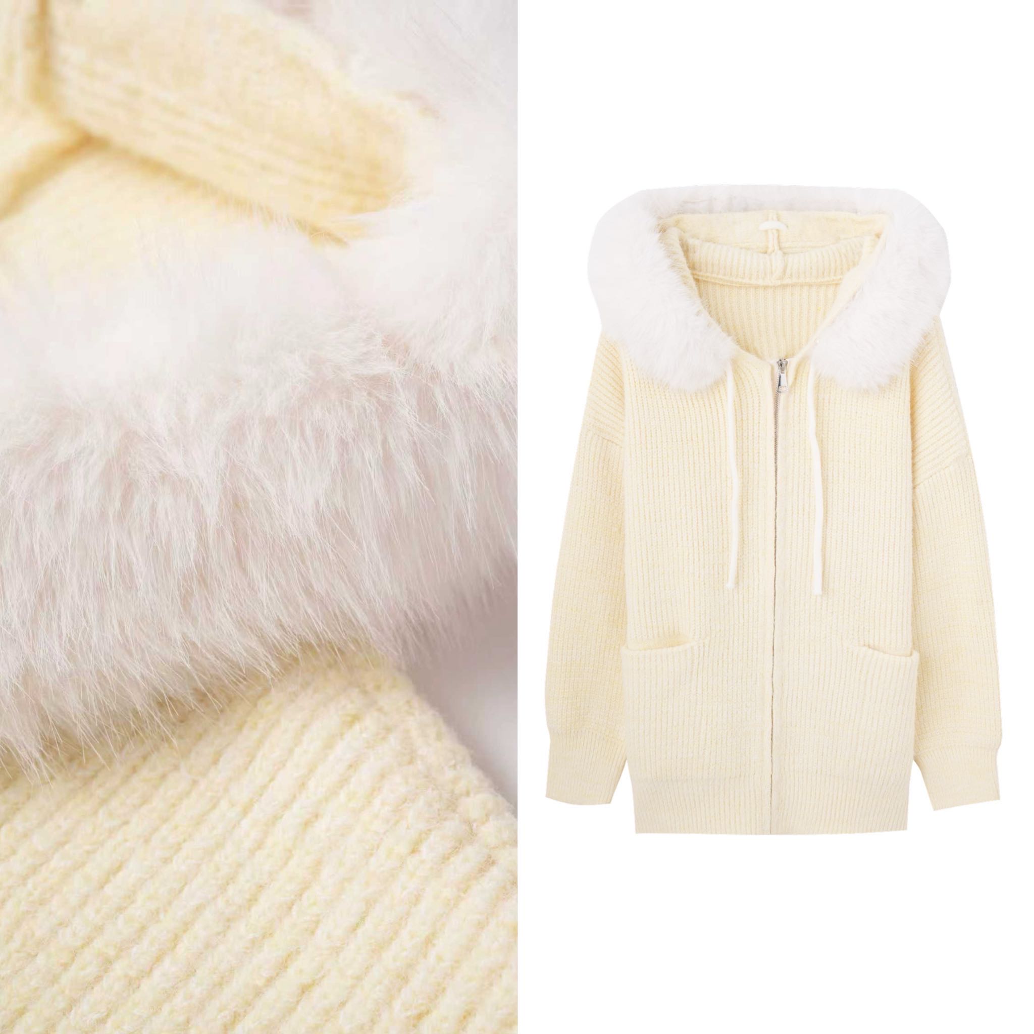 【小四专享】高级感白色毛领连帽毛衣外套针织开衫上衣