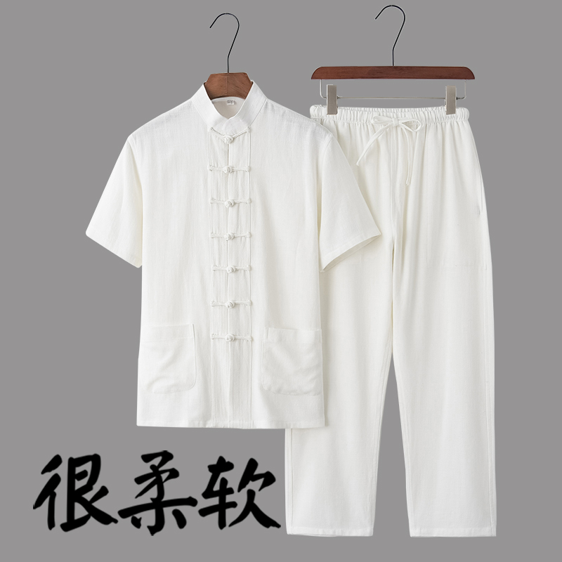 夏季薄款唐装男中老m年亚麻短袖套装中式复古汉服休闲爸爸装中国