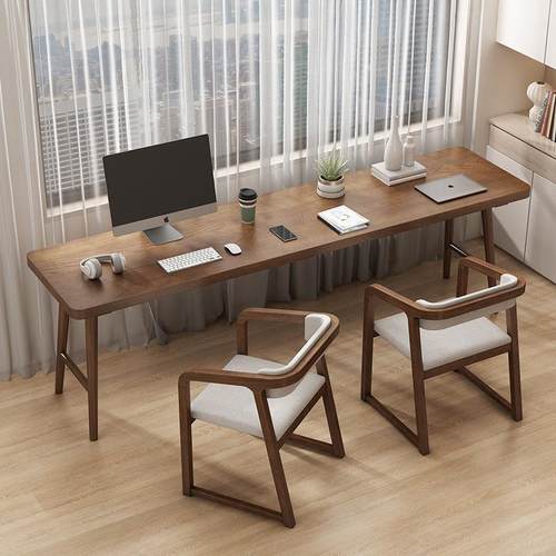 严选实木简约书桌长条桌家用儿童桌靠墙卧室简约学生双人学习桌子